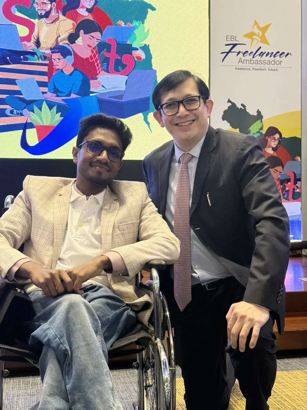 Anik Mahmud with Mitchel Lee at the EBL Freelancer Ambassador Program launch in December 2024.