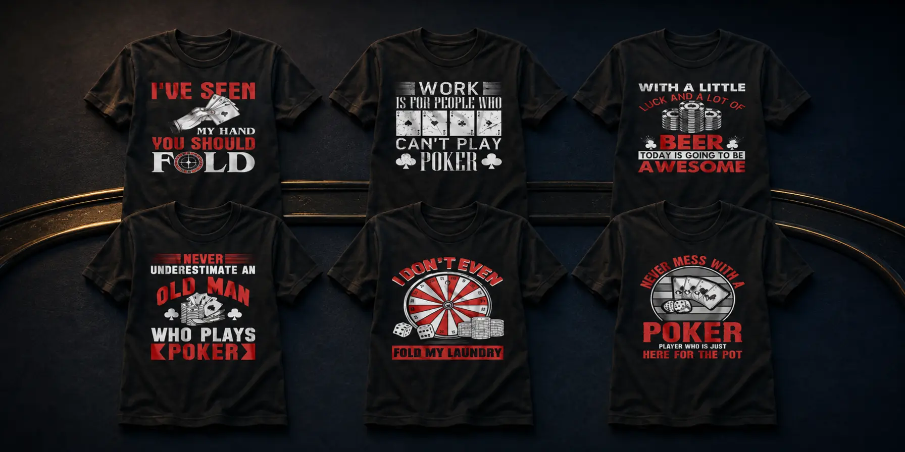 Six poker-themed T-shirt designs by Anik Mahmud on a unified premium navy backdrop.
