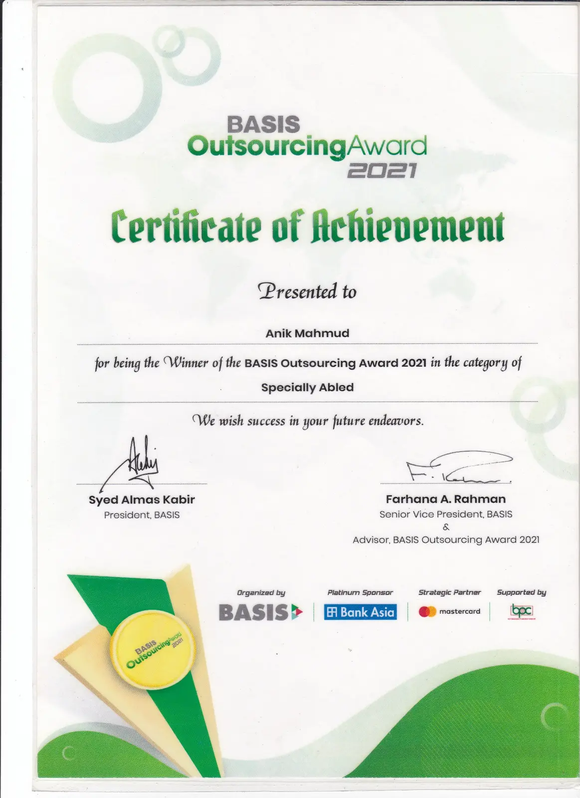 BASIS Outsourcing Award 2021 certificate naming Anik Mahmud as the Specially Abled Category Winner.