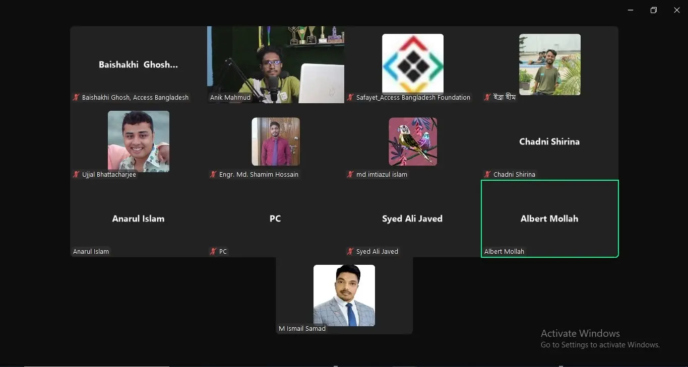 Anik Mahmud in an online meeting with participants from Access Bangladesh Foundation in 2023.