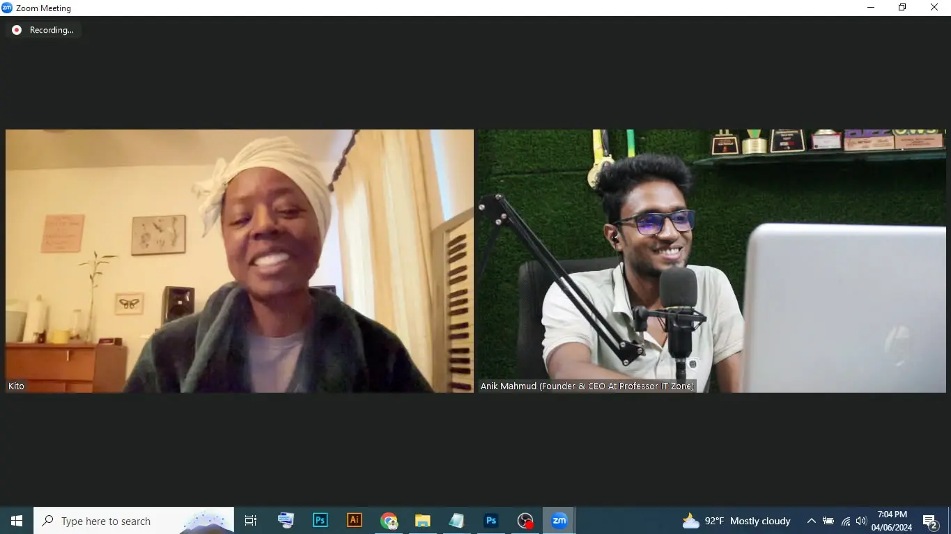 Anik Mahmud teaching a client in the United States during a recorded Zoom video call in April 2024.