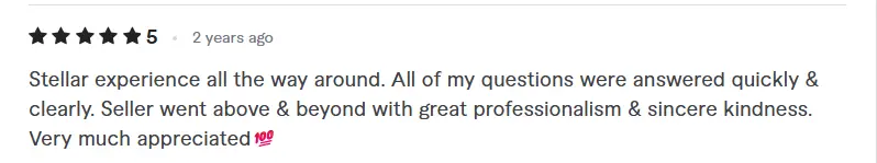 Five-star client feedback praising clear answers, professionalism and kindness.