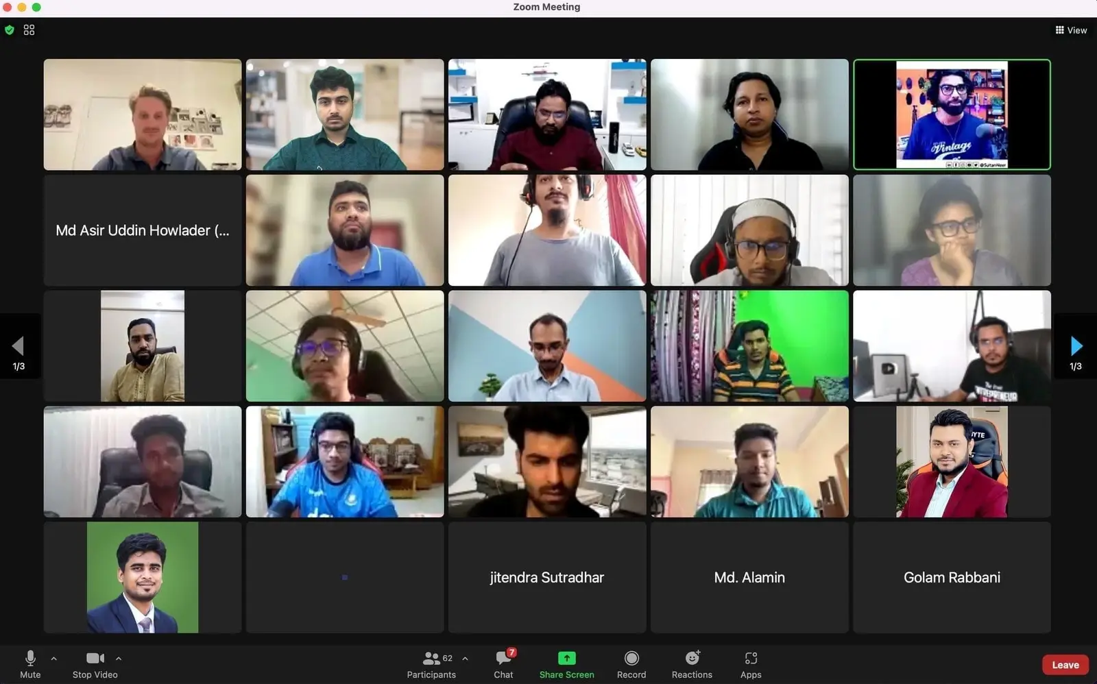 A large Zoom session with Anik Mahmud and participants during an online professional programme in 2023.