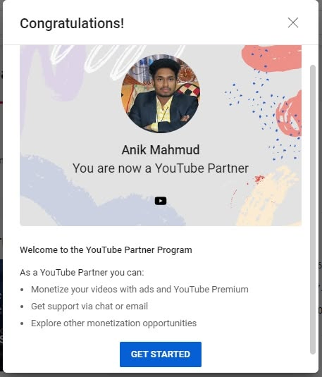 YouTube Partner Program acceptance notice addressed to Anik Mahmud.