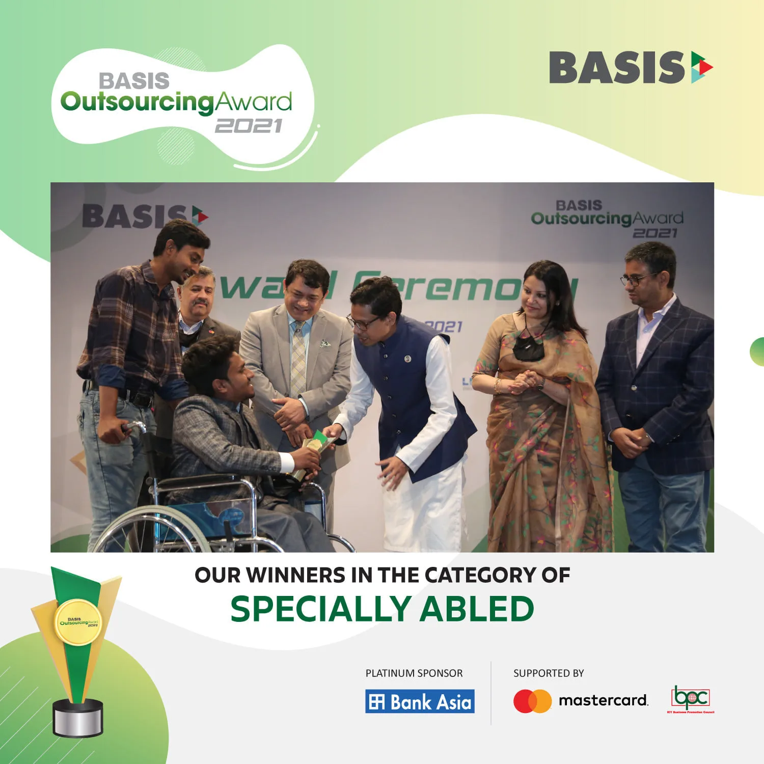 BASIS Outsourcing Award 2021 Specially Abled Category Winner announcement featuring Anik Mahmud.