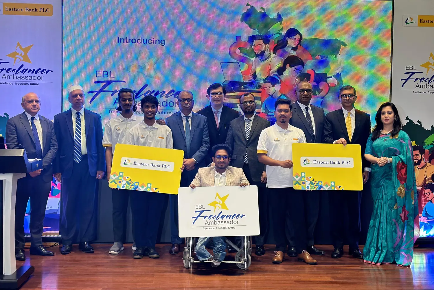 Anik Mahmud with fellow inaugural Freelancer Ambassadors, guests and senior Eastern Bank officials at the December 2024 launch.