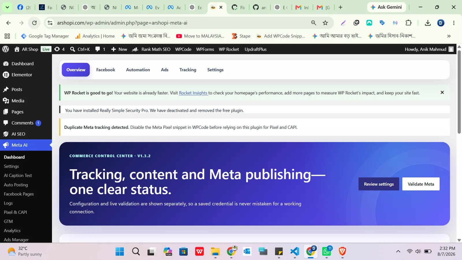 ARSHOPI Meta AI WordPress dashboard with tracking, content and Meta publishing controls.