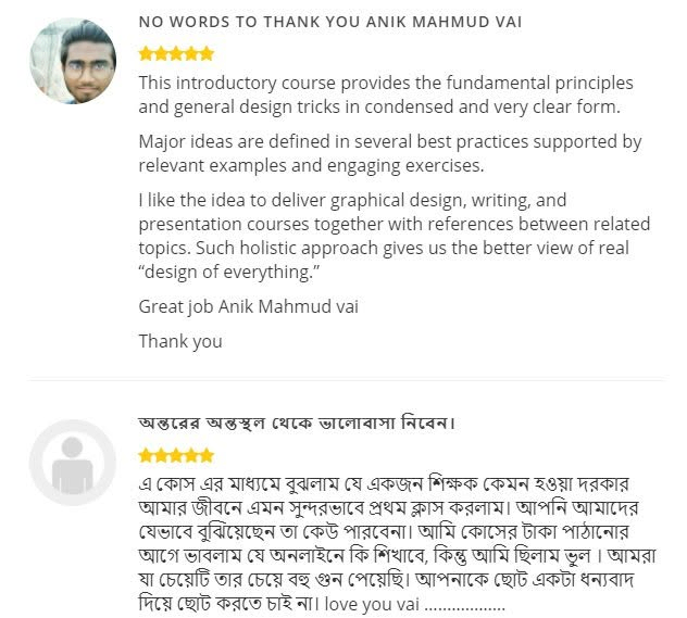 Supplied student review screenshot 11 about Anik Mahmud’s T-shirt design teaching and mentorship.