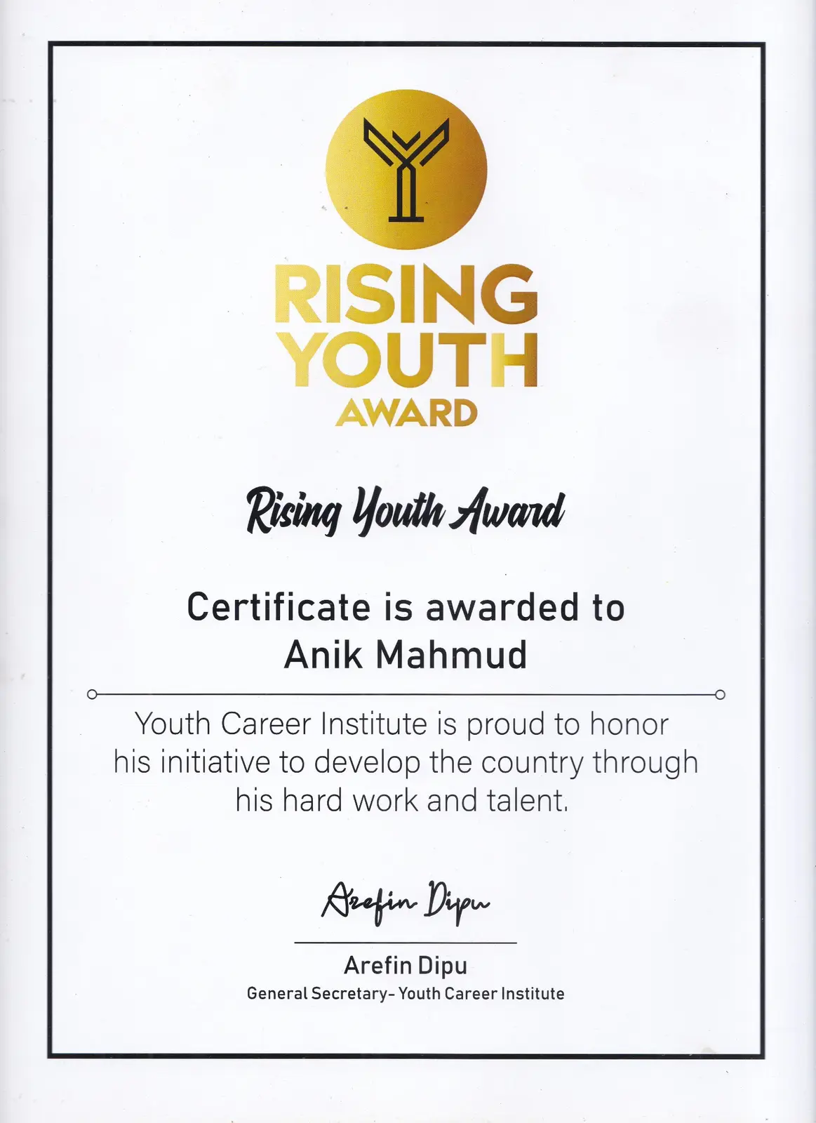 Rising Youth Award 2022 certificate presented to Anik Mahmud.
